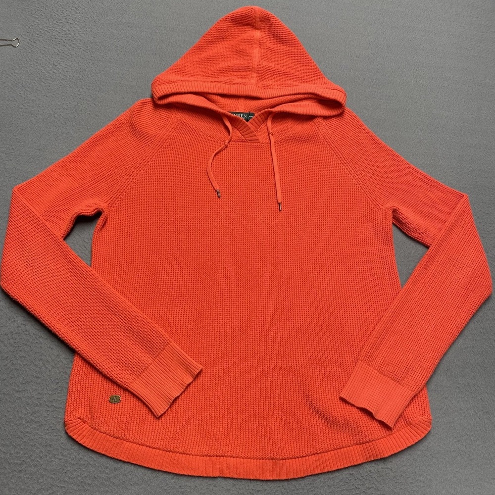 Lauren Ralph Lauren Sweater Womens Medium Orange Hooded Waffle-Knit Pullover